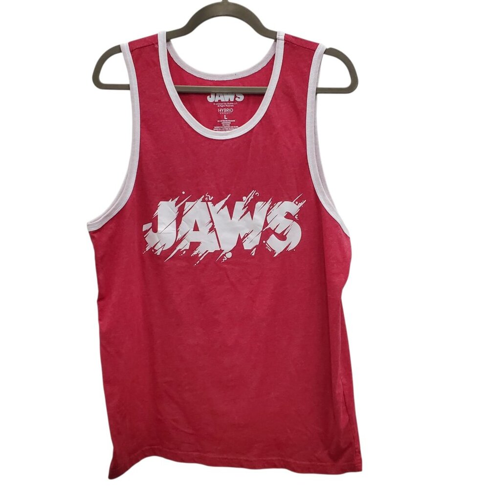 Jaws x Hybrid Red White Trim Puff Print Amity Island Tours Double Sided Tank L